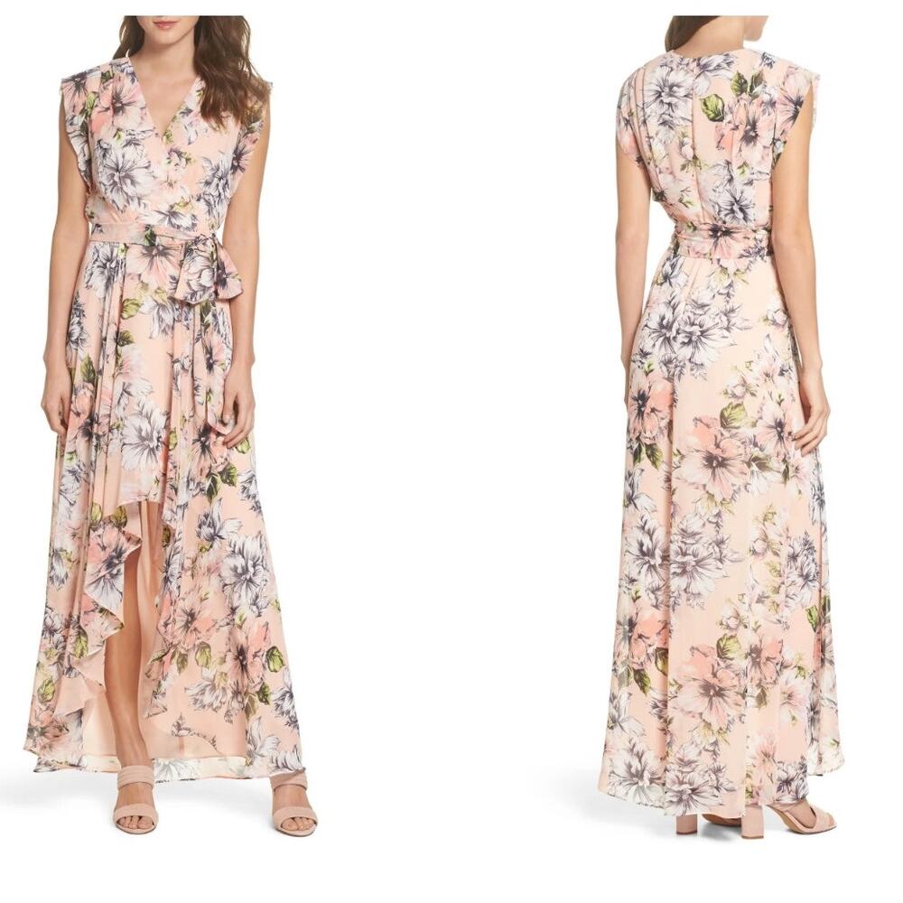Eliza J Peach Floral Wrap Maxi Dress